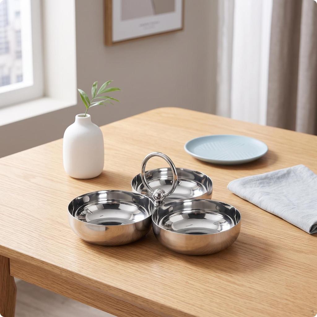 Triple Snack Bowl with Handle Stainless Steel 3Compartment Server Silver