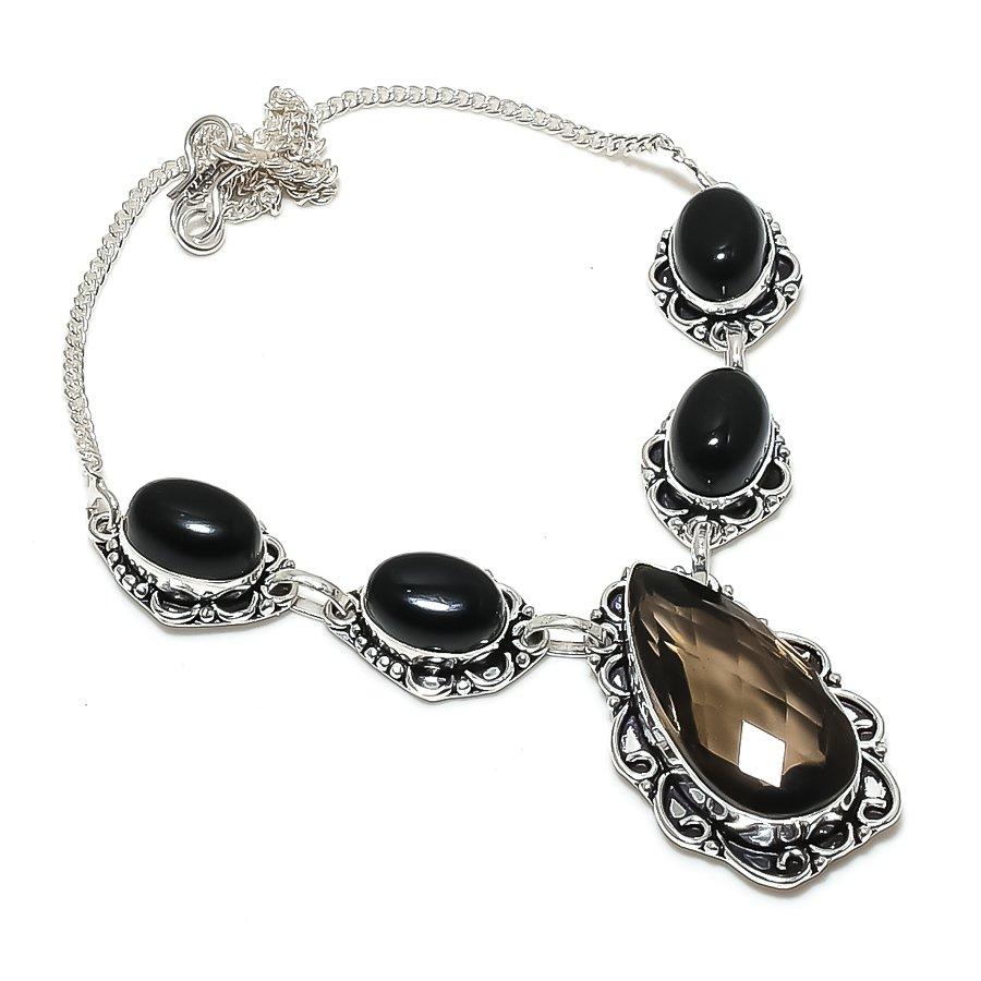 Natural Smoky Topaz, Onyx Gemstone 925 Sterling Silver Jewelry Necklace 18" O3G67
