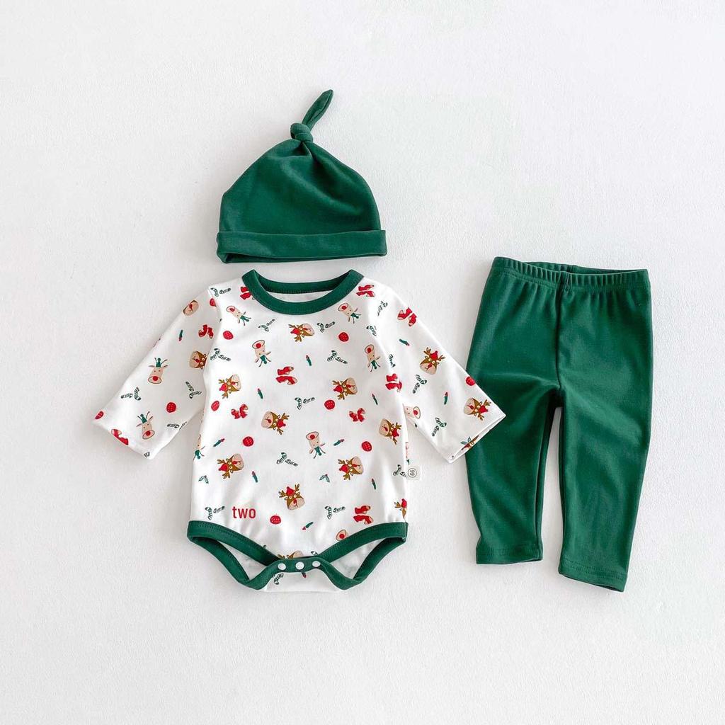 "Korean Baby Christmas Print Outfit: 3-Piece Set with Hat for Boys & Girls"