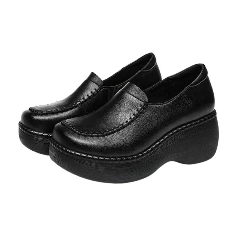 New Autumn Retro Soft Leather Shoes Children's Waterproof Platform Thick-soled Wedge Heel Single Shoes Middle-aged and Elderly Mother Leather Shoes