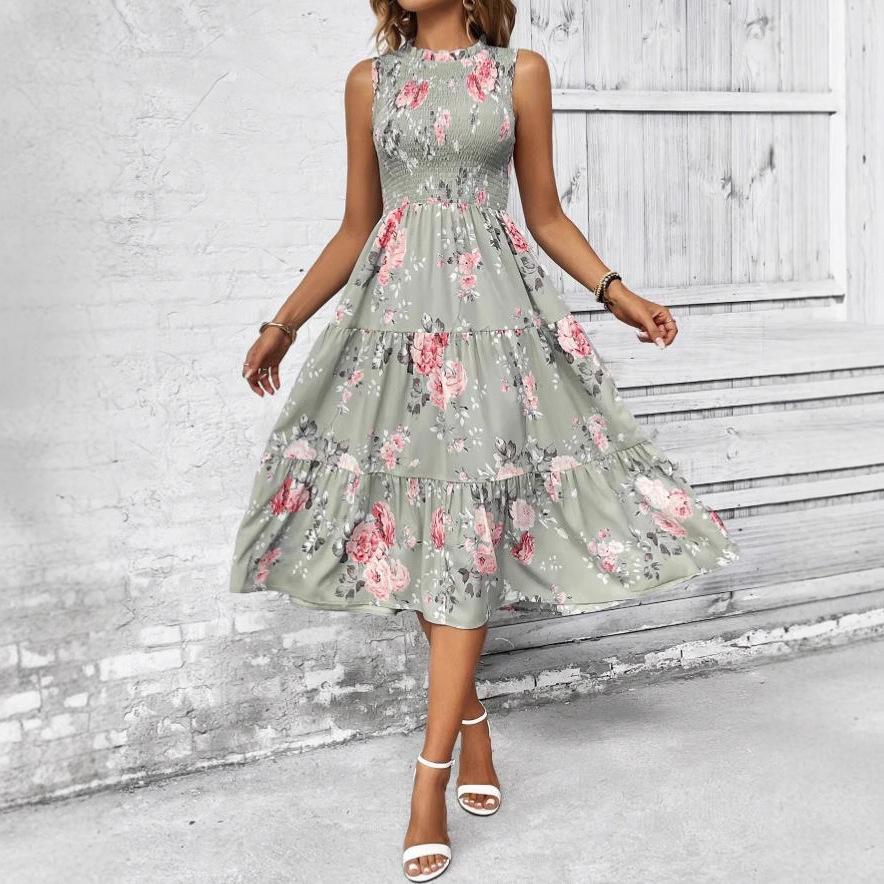 Sommer-Blumenprint ärmelloses Rundhalskleid hohe Taille und dünnes Design Europäisches und Amerikanisches bedrucktes Kleid