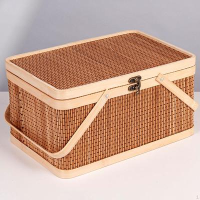 Koszyk bambusowy pleciony, przenośny, organizer na przekąski z pokrywką i uchwytem, na piknik, na chleb