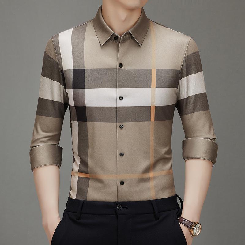 Men s long-sleeved shirt plaid shirt men s long-sleeved trend wool spring and autumn leisure young and middle-aged M хаки