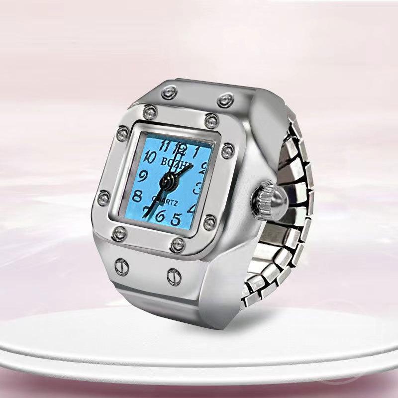 Fashion Mini Quartz Watch Clock Finger Rings for Men Women Elastic Strap Punk Gothic Couple Roman Ring Jewelry Gift
