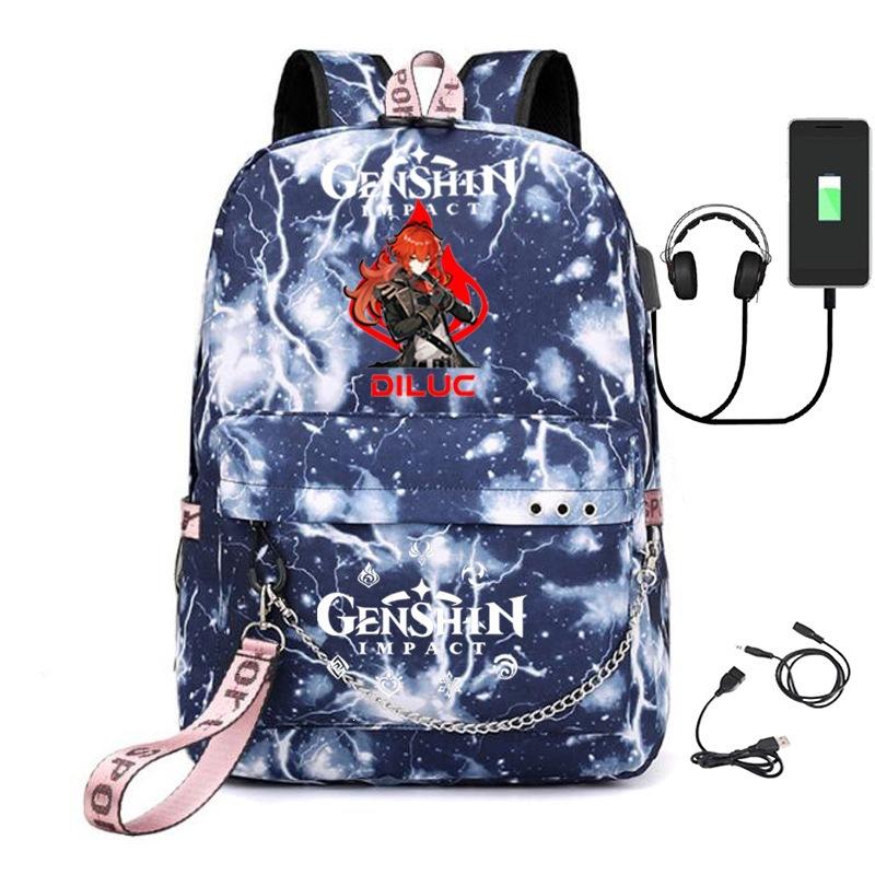 Printed Iron Chain Usbgenshinimpact Yuanshen Backpack Leisure Middle School Student Travel School Bag