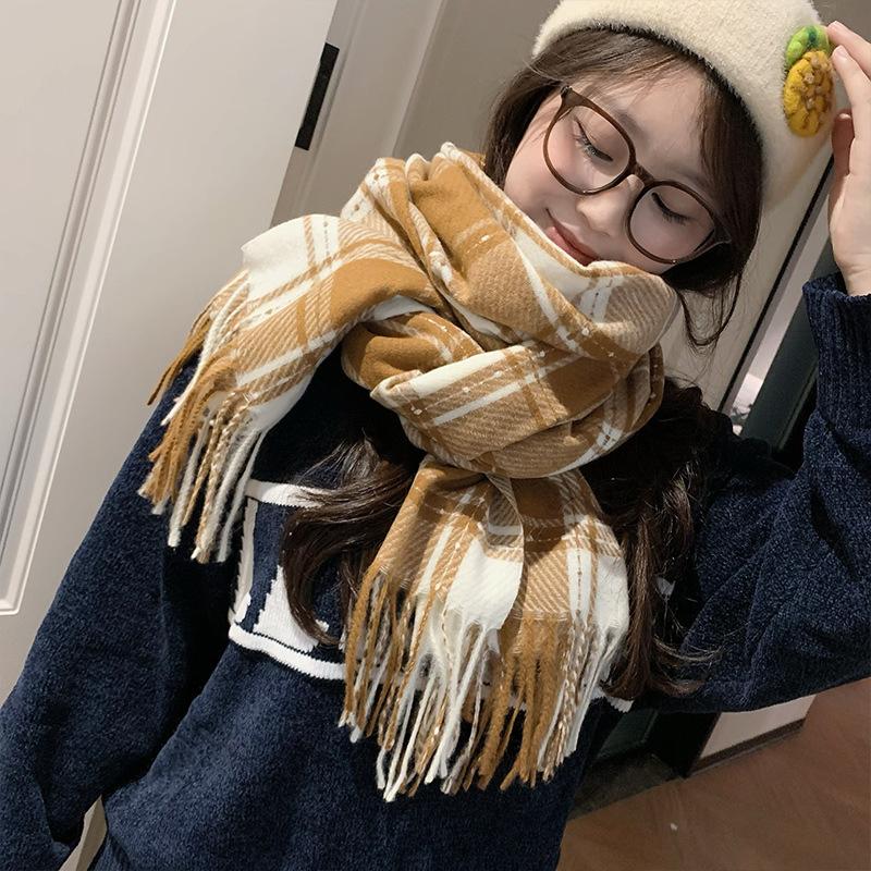 Korean Atmosphere Scarf Women's Winter Imitation Cashmere Plaid Warm Scarf Thickened Student New