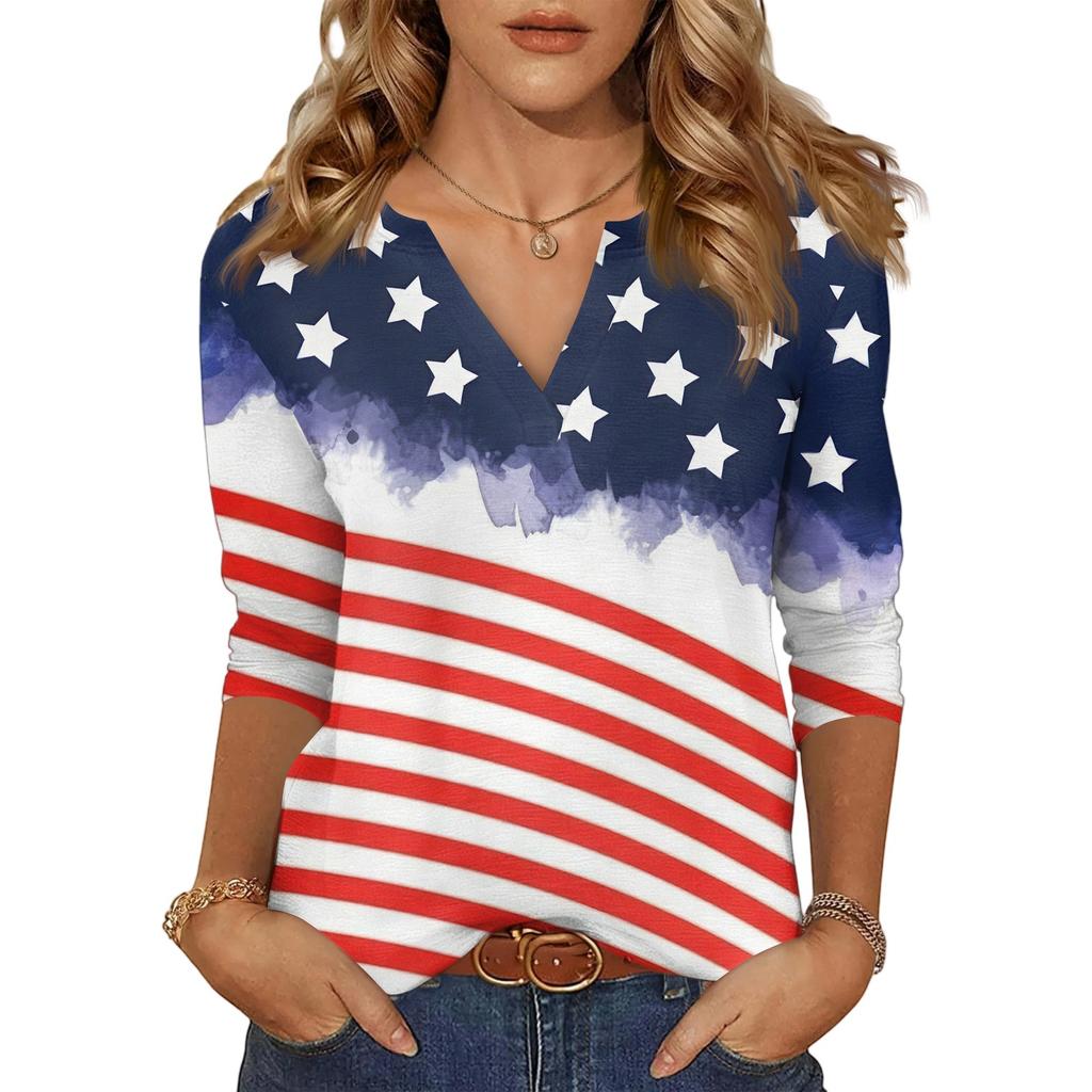 Women's Casual Fashion Sexy Comfortable V-Neck Independence Day Seven Sleeve Top