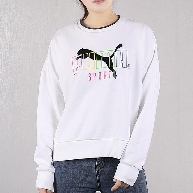 Puma Sport Crew Logo Print Pullover Sweatshirt Women Tops White 598128-02