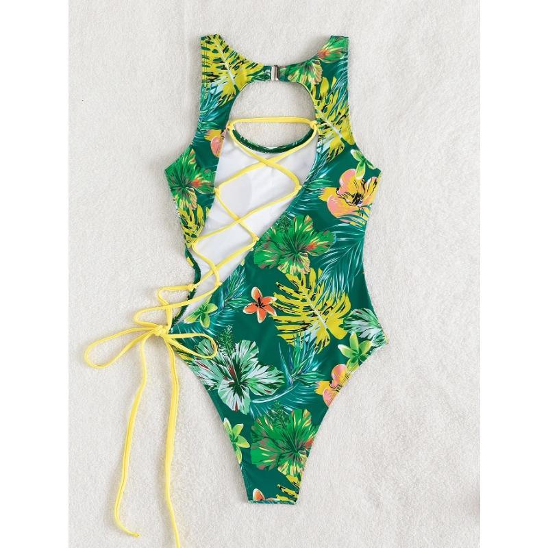 2025 Druck Schnürrücken Badeanzug Einteiler Einfarbige Bademode Damen Bade Schwimmanzug Weiblich Gepolstert Sommer Strandbekleidung Body