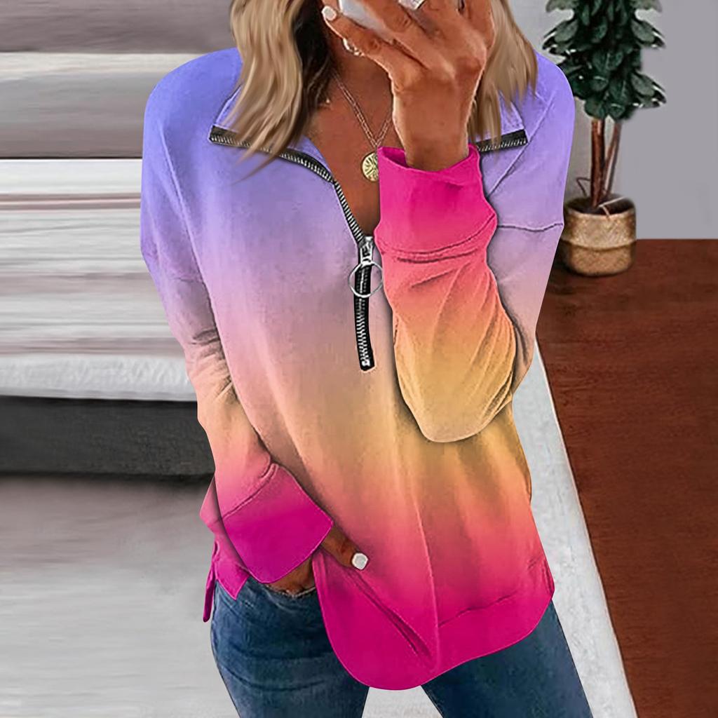 Haut à capuche à fermeture éclair imprimé dégradé à manches longues pour femmes