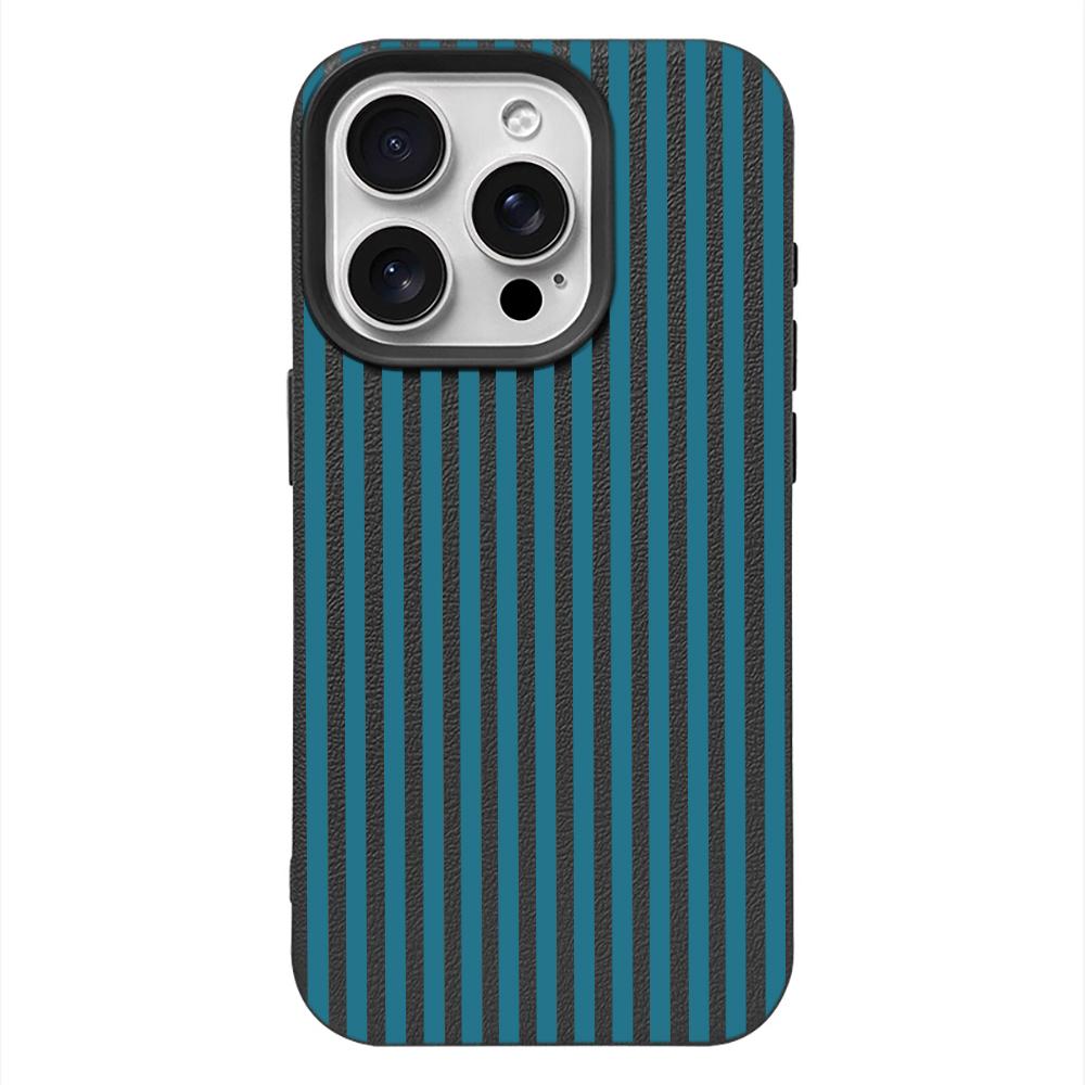 Blue Stripe Minimalist Lychee Texture Case for iPhone 17 17E 16 15 14 13 12 11 Pro Max Vintage Shockproof Protector