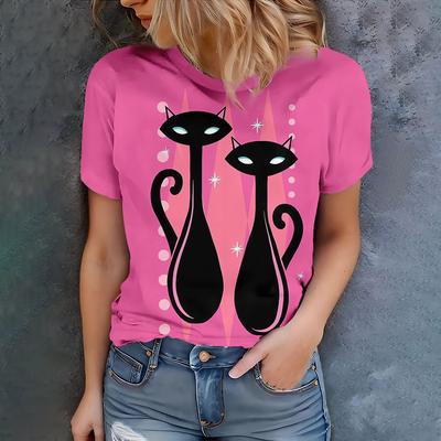 Pink Creative Two Black Cat Women's Round Neck T-shirt, Personalized Artistic Style - New Summer Products In 2025