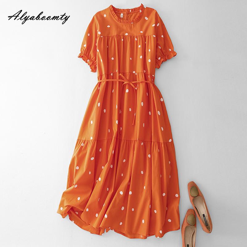 Japanese Mori Girl Summer Women Baggy Midi Dress O Neck Polka Dot Print Lace Up Dress Short Sleeve Cotton Loose Vintage Dress
