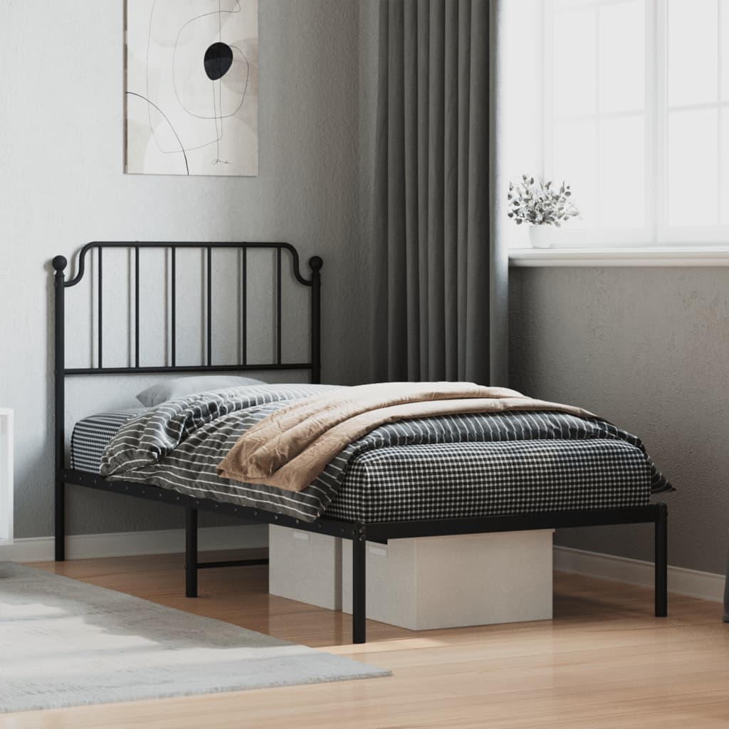 Metal Bed Frame with Headboard Black 90 X 200 Cm