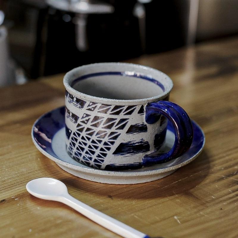 

Hand painted coarse pottery coffee cups and saucers light luxury household retro ceramic cups blue and white creative mugs light luxury retro 250ml
