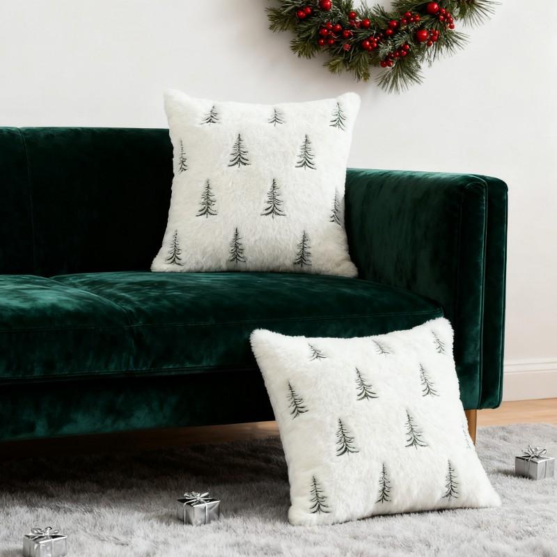 Plush Embroidered Christmas Tree Pillow Cover Winter Decorative Throw Cushion Case Living Room Sofa