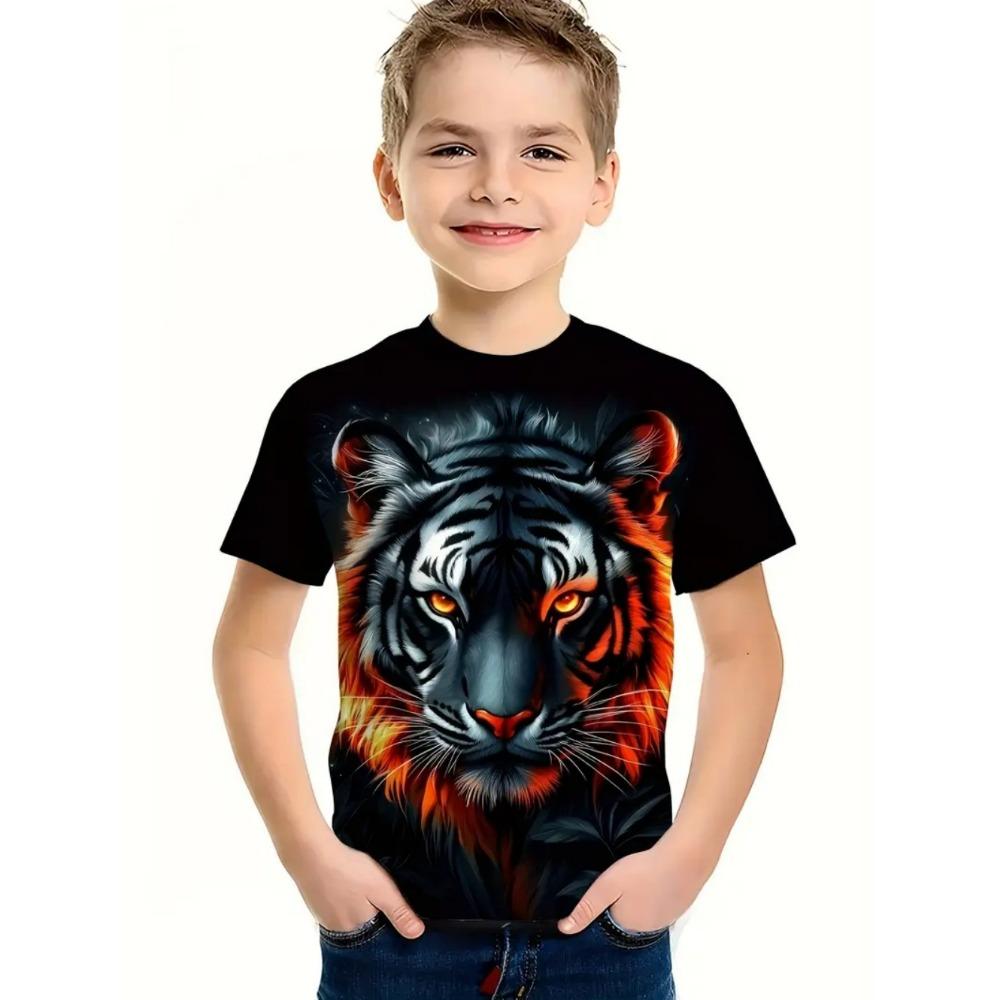 Cool Wolf Boy T-Shirt Tiger 3D Print Kids Short Sleeves Casual Comfortable Boys' Top Tees Outdoor Breathable Lightweight Clothes