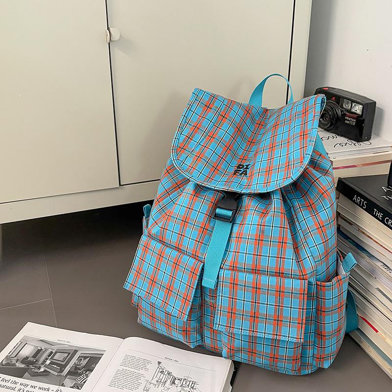 

College Student Plaid Schoolbag Men S Trendy Cool Tooling Flip Backpack Versatile Early Autumn School Backpack Women синий