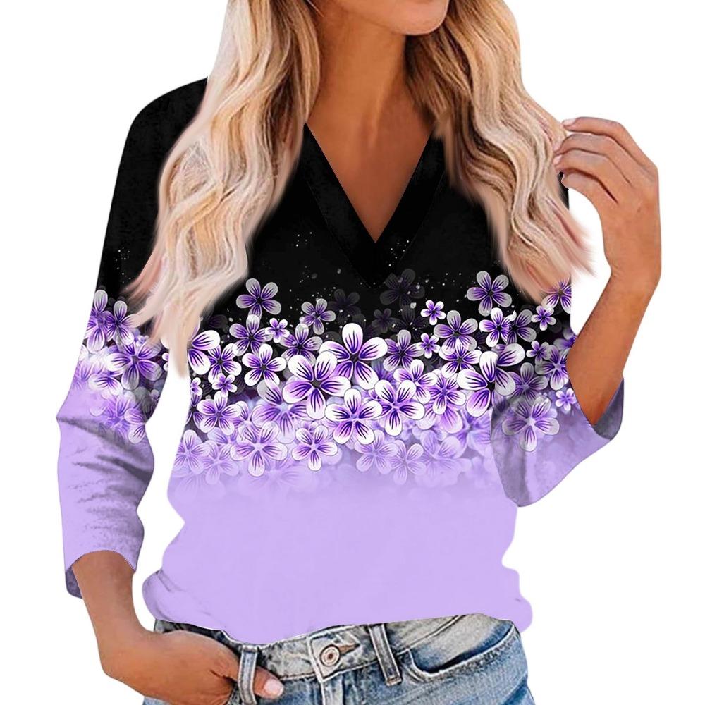 Women'S Casual Fashionable Flower Printing V-Neck Top With Seven Quarter Sleeves Women'S Summer Clothes Top Mujer
