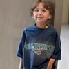Boys Casual Oversized T-Shirt, Navy Blue Retro California Slogan Letter Print Crew Neck Loose Short Sleeve Daily Kids Top