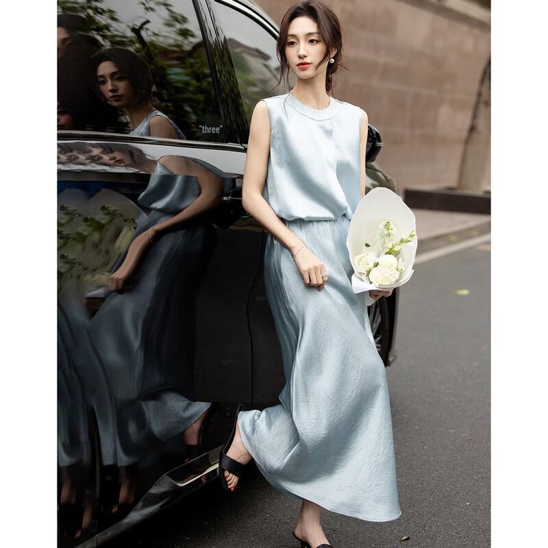 Demana Women's 100% Acetate Sleeveless Top & Satin Skirt Set