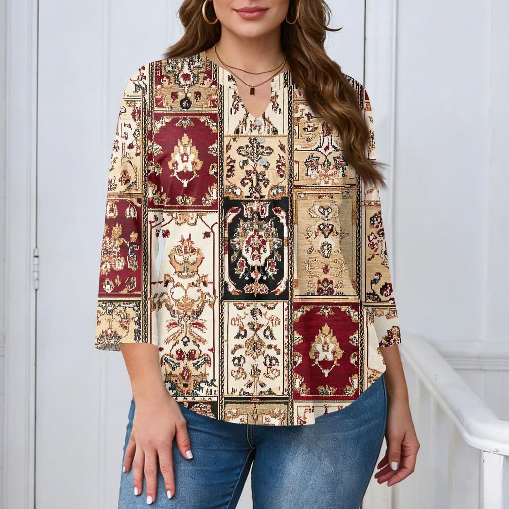 Plus Size Womens Casual Loose Fit V Neck Printed Blouse with Buttons Three Quarter Sleeve Relaxed Fit Top for Daily Wear