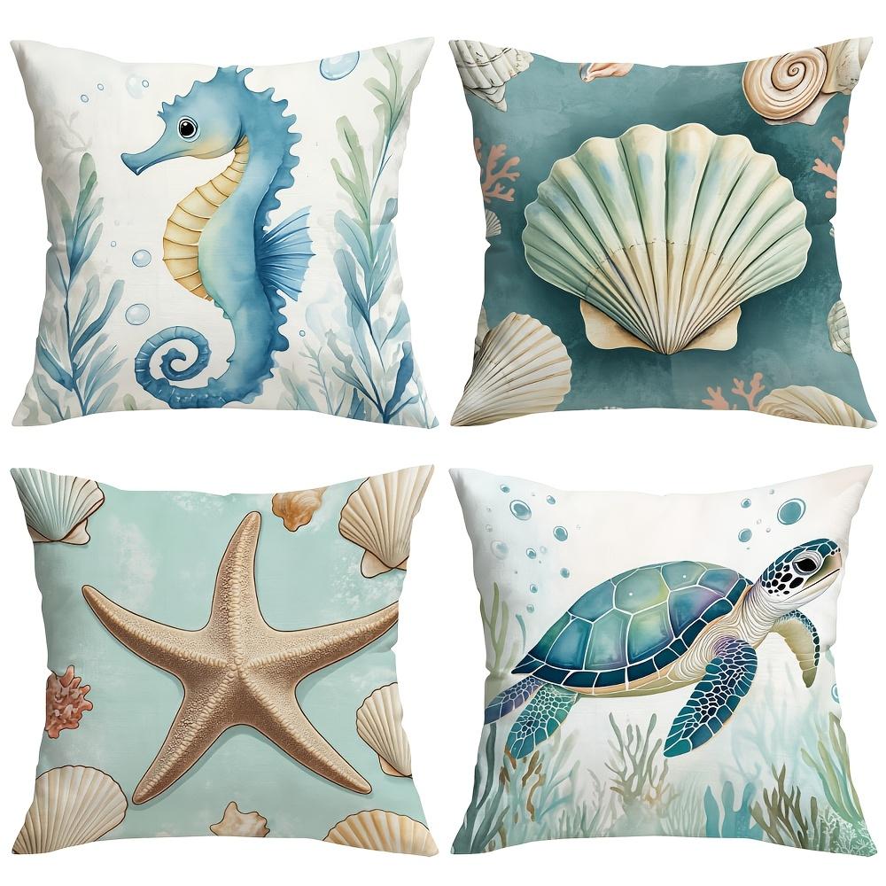 1/4pcs Coastal Throw Pillow Covers Watercolor Ocean Sea Turtle Seahorse Starfish Shell Decorative Pillowcases