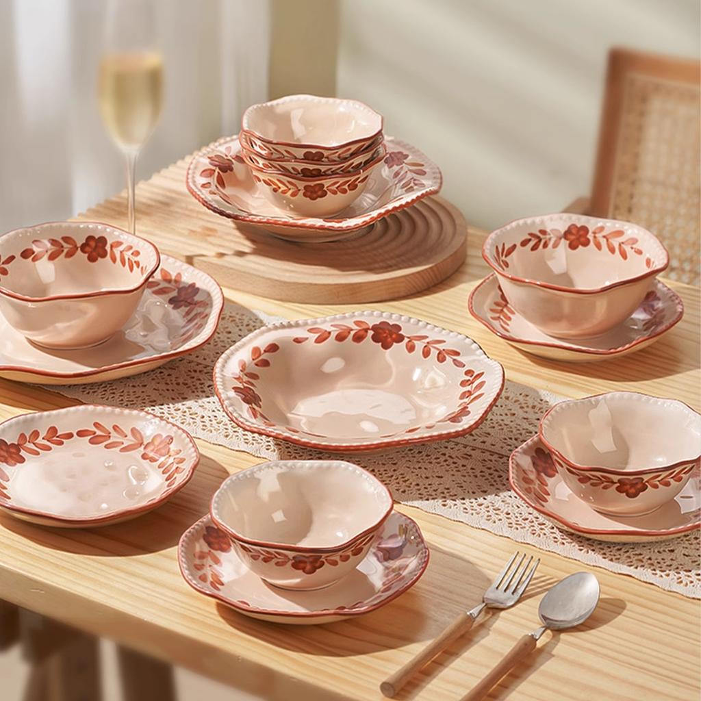 Vajilla Francesa Bol de Arroz Set de Platos para el Hogar Bol Plato Boda Regalo de Boda Floral Bajo Vidriado Estilo Nórdico