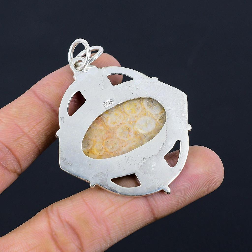 925 Silver Fossil Coral Gemstone Ethnic Unique Root Chakra Wife Pendant Jewelry