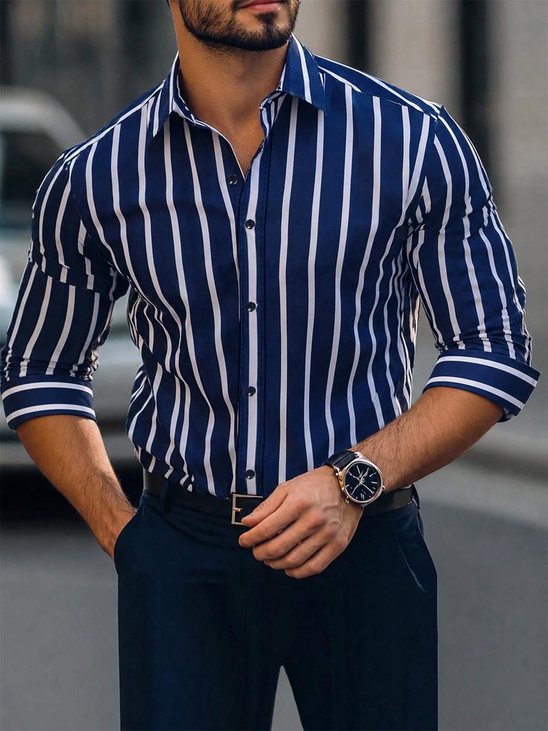 Men's Striped Long Sleeve Button-Up Shirt, Stylish