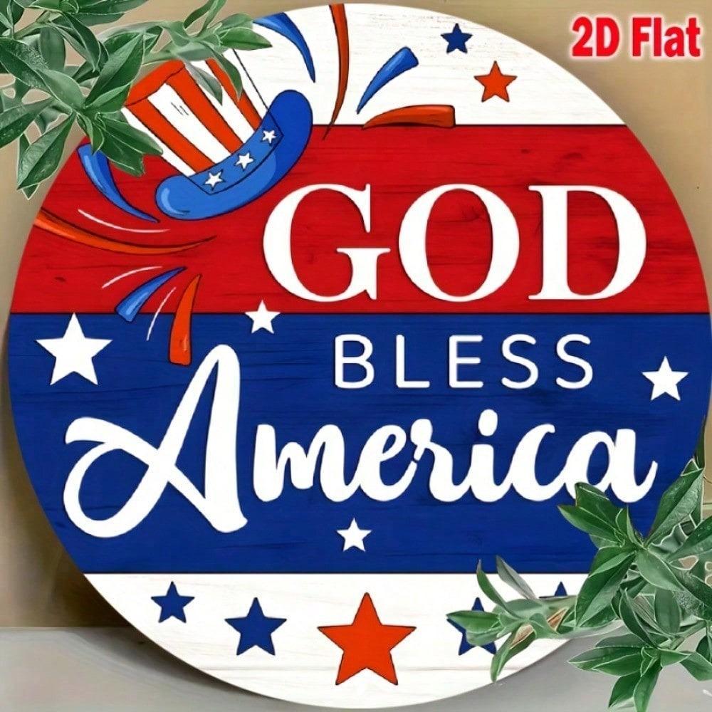 God Bless America Patriotic Metal Sign Vintage USA Flag Round Iron Wall Decor 8x8 Inch Stars Stripes Garden Yard Ornament