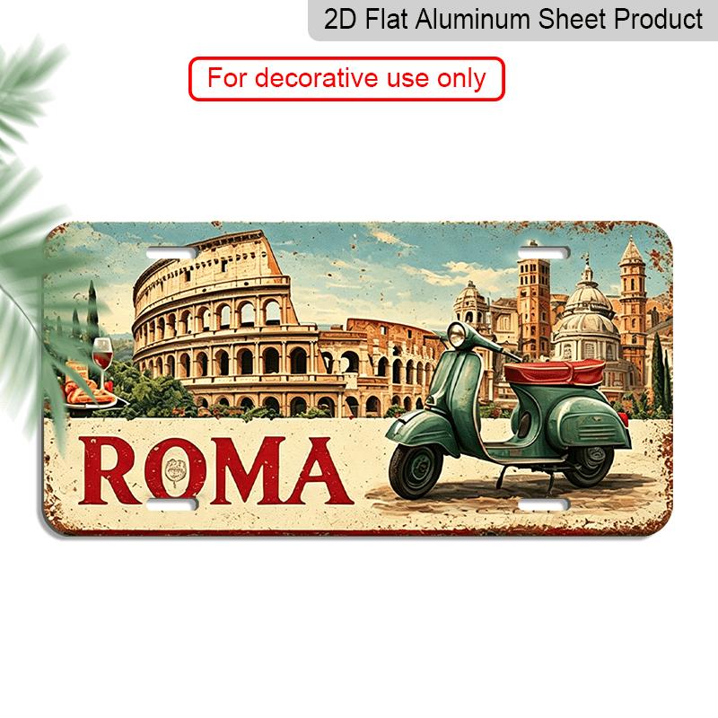 2D Flat - Vintage Aluminium Decorative Sign, - Decoration of Rome, Italy with Scooter, Roman Architecture (Colosseum, Pantheon) - Aluminum Wall Plate 30*15cm