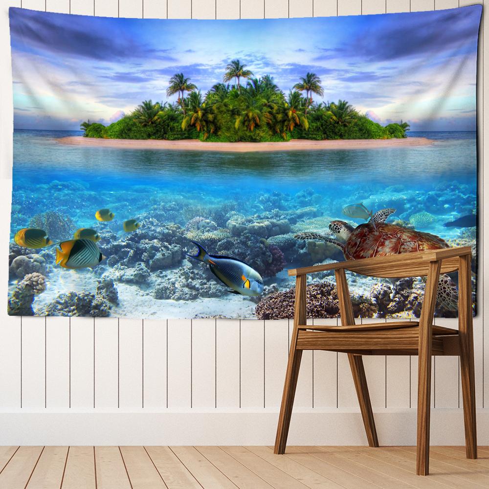 Island Landscape Painting Tapestry Wall Hanging Turtle Fish Aesthetic Room Bohemian Nature Art Mystery Home Decor