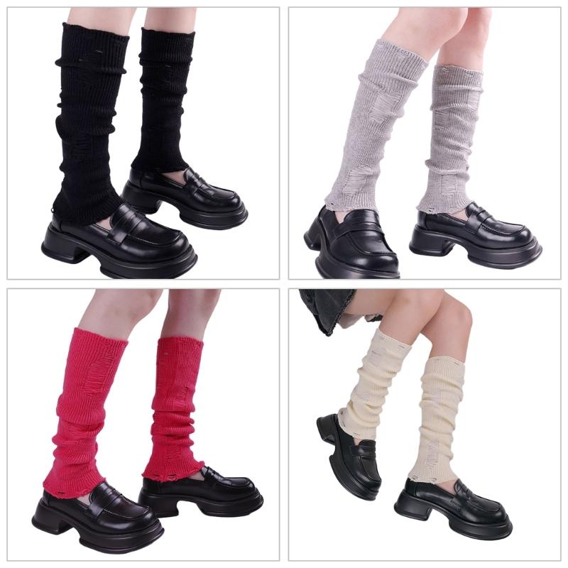 Japanese Punk Leg Warmers Women Solid Color Ribbed Knit Long Socks Y2K Distressed Ripped Boot Cuffs Leg Cover Streetwear