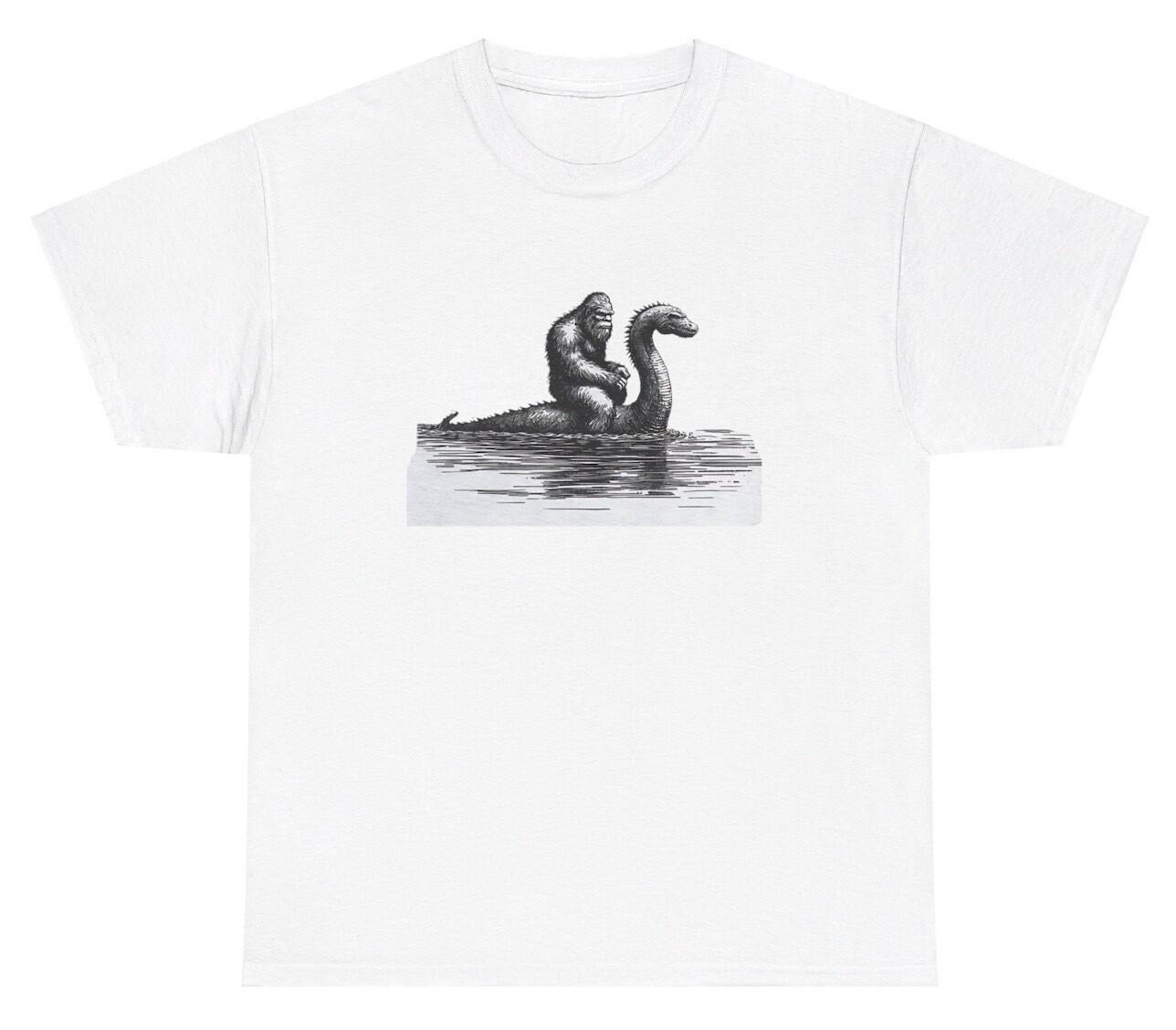 Bigfoot Riding Lochness Monster T Shirt Funny Mythical Creature Sasquatch Tee XXXXL