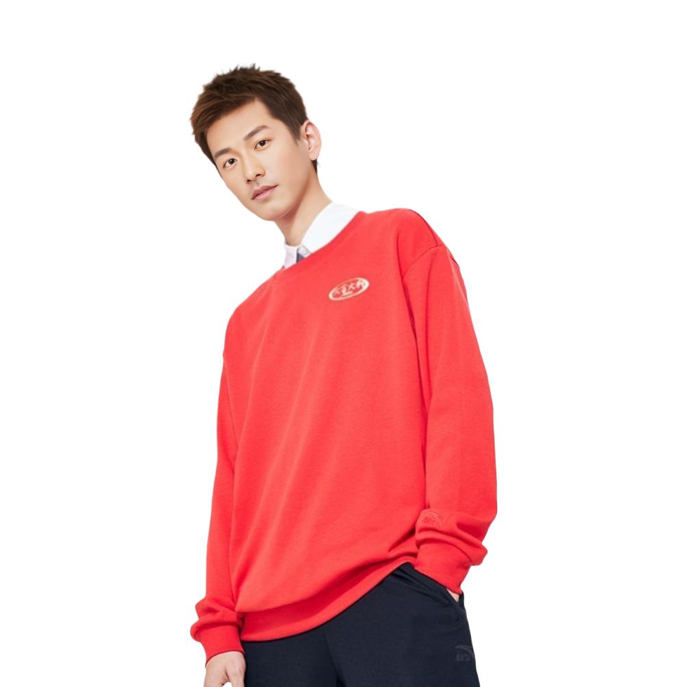 Anta Solid Color Logo Print Crew Neck Long Sleeve Sweatshirt Unisex Tops Red 952218764-6