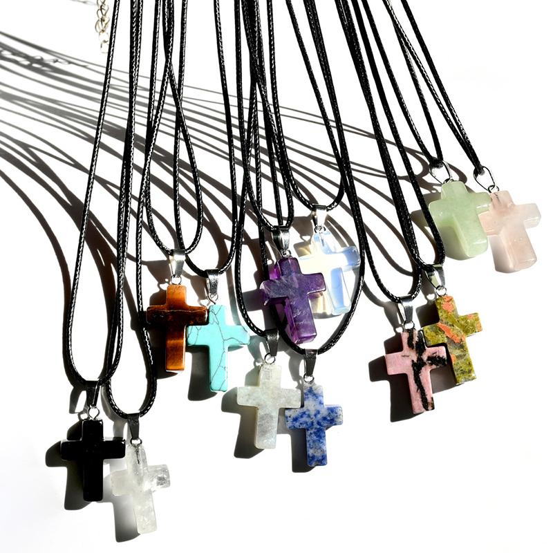 Punk Rock Bunter Naturstein Kreuz Anhänger Halskette Für Männer Frauen Cool Hip Hop Street Vintage Y2K Grunge Goth Schmuck Geschenk