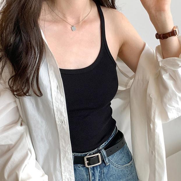 Verão Novo Cor Sólida Simples Regatas Femininas Slim Casual Moda Feminina Top Damasco Cinza Escuro Café Escuro Preto Regatas