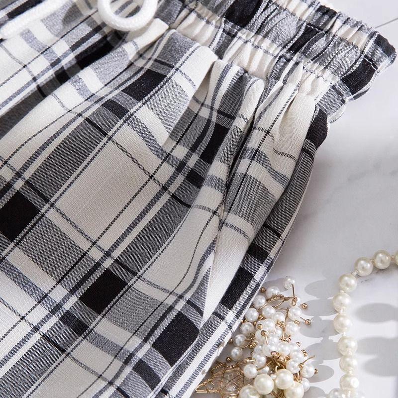 Übergröße Schwarz-Weiß Karierte Eisseide Weitbeinige Hose für Damen - Hochtailliert Locker Geschnitten Schlankmachend Dünn Sommer Lässig Gerades Bein Hose