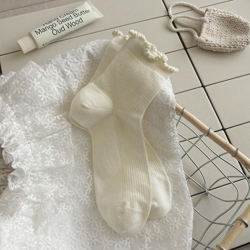 Black Ear-trimmed Socks for Women In Autumn, Solid Color Lace Mid-calf Pile Socks, Versatile Stretch Socks