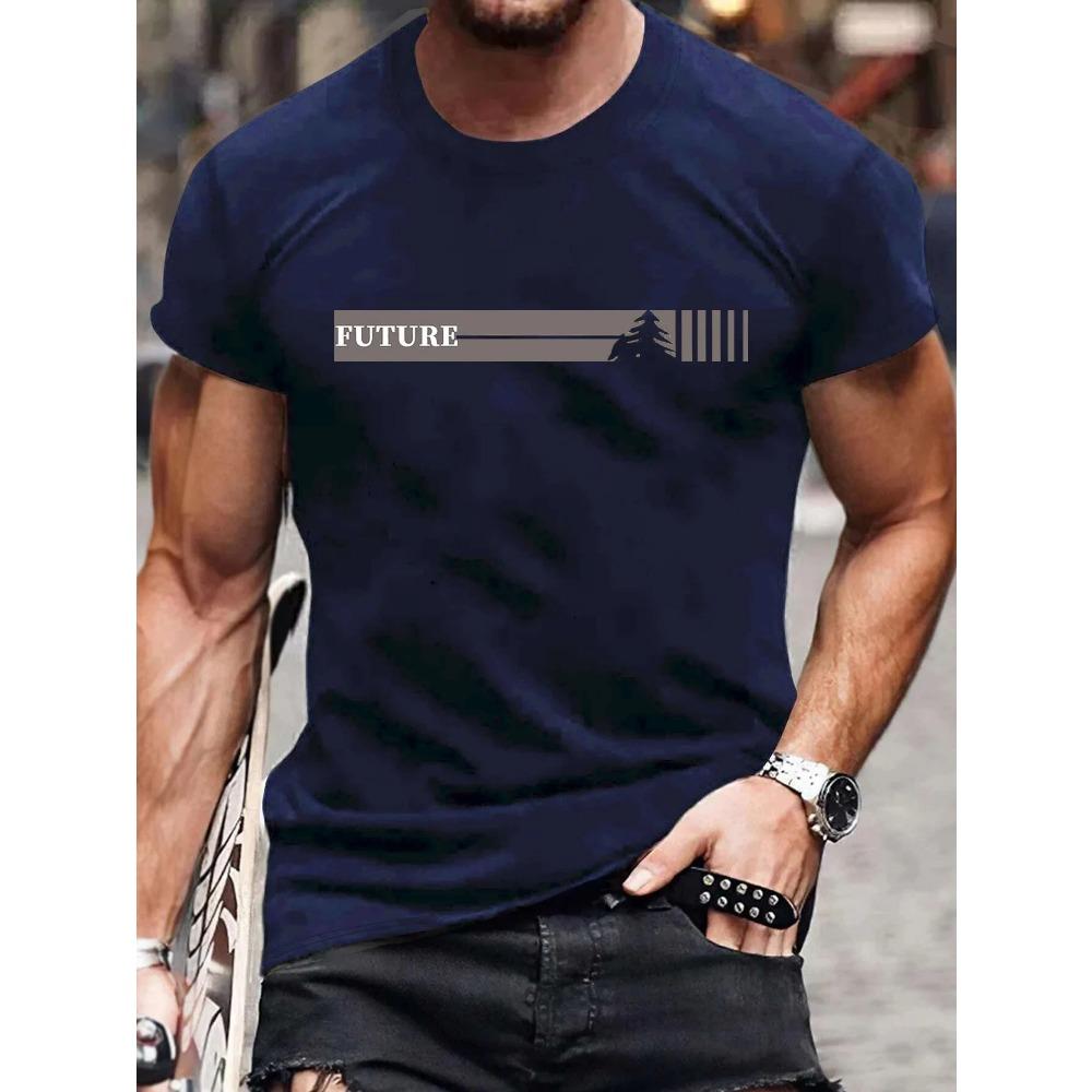 Men's Summer 100 Cotton Fashionable Casual Loose Plus Size Future Pattern Printed Sports Round Neck Short Sleeve T-shirt Top