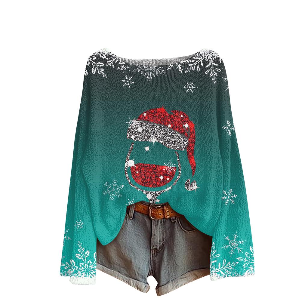 Ladies' Fashionable Casual Long Sleeved Christmas Printed Round Neck Knitted Yarn