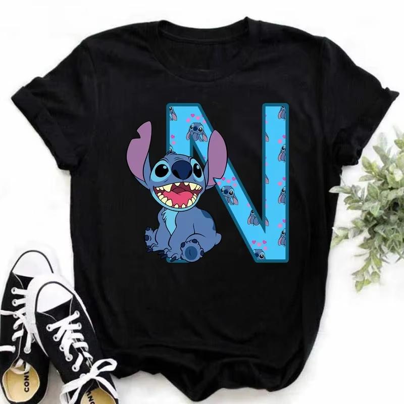 T-shirt pour femme Alphabet A-Z Kawaii Dessin Animé Imprimé Manches Courtes T-shirt Femme Disney Été Décontracté Vêtements Dessin Animé T-shirt