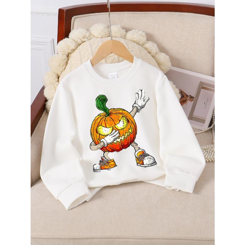 European sizes Pumpkin Character Girls' Crew Neck Sweatshirt, Halloween, Autumn Winter, Western Style, Long-Sleeved, Casual Colors for Young Girls.