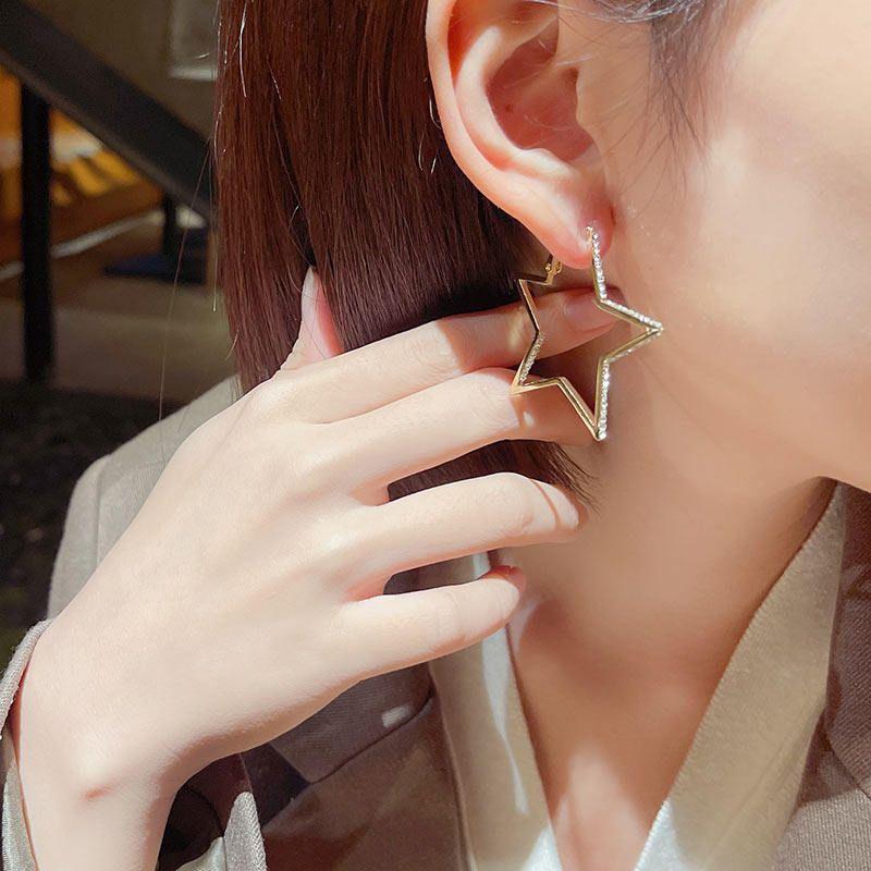 Cool Style Five-Pointed Star Female Sterling Silver Needle Personality Rhinestone