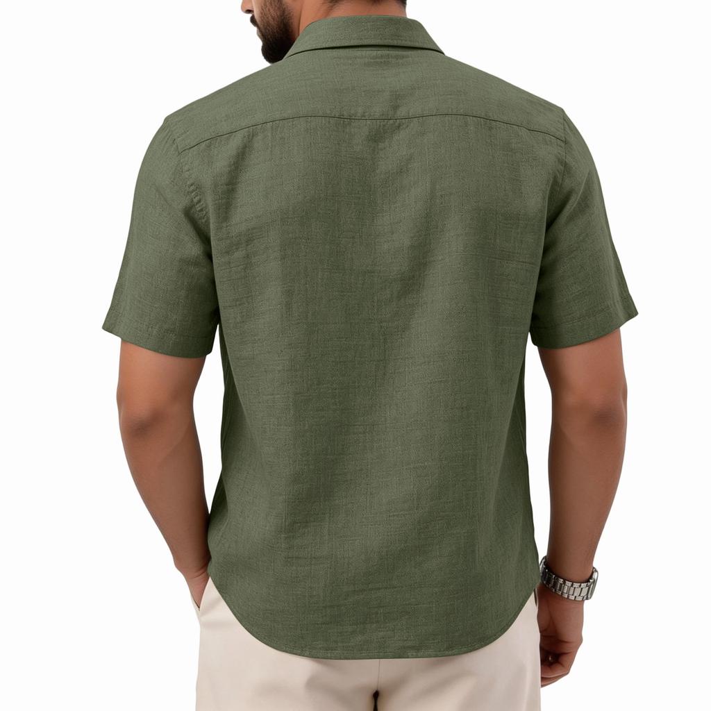 Men's Casual Fashionable Short-sleeved Shirt - Men's Breathable Cotton-linen Imitation Fabric Retro Single-pocket Shirt