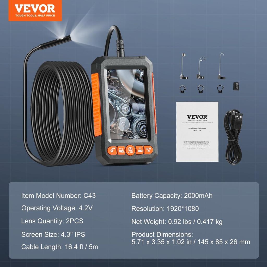 Endoscope Camera with Lights Dual Lens Borescope 16.4FT Cable 4.3" Screen
