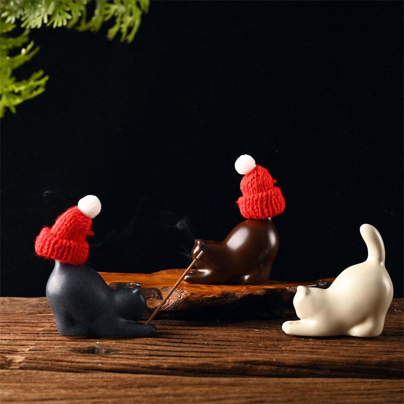 Zen-Style Cat Incense Holder: Ceramic Ornament for Home, Tea Table, Agarwood & Sandalwood Incense