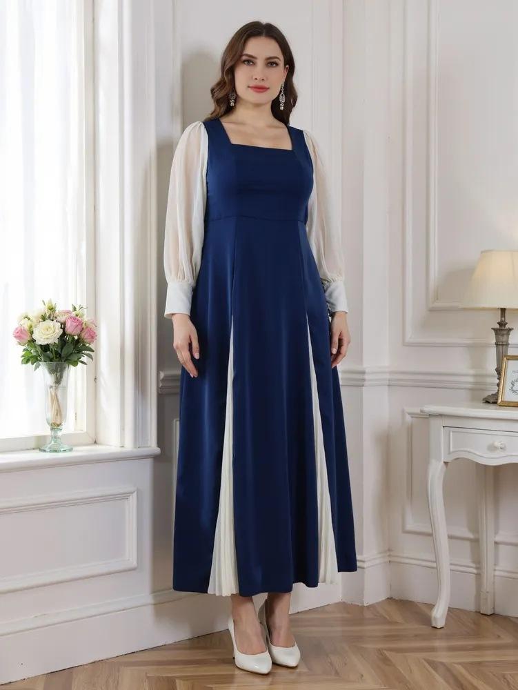 Fashion and casual temperament simple color matching dress women s spring new thin square neck long dress women L