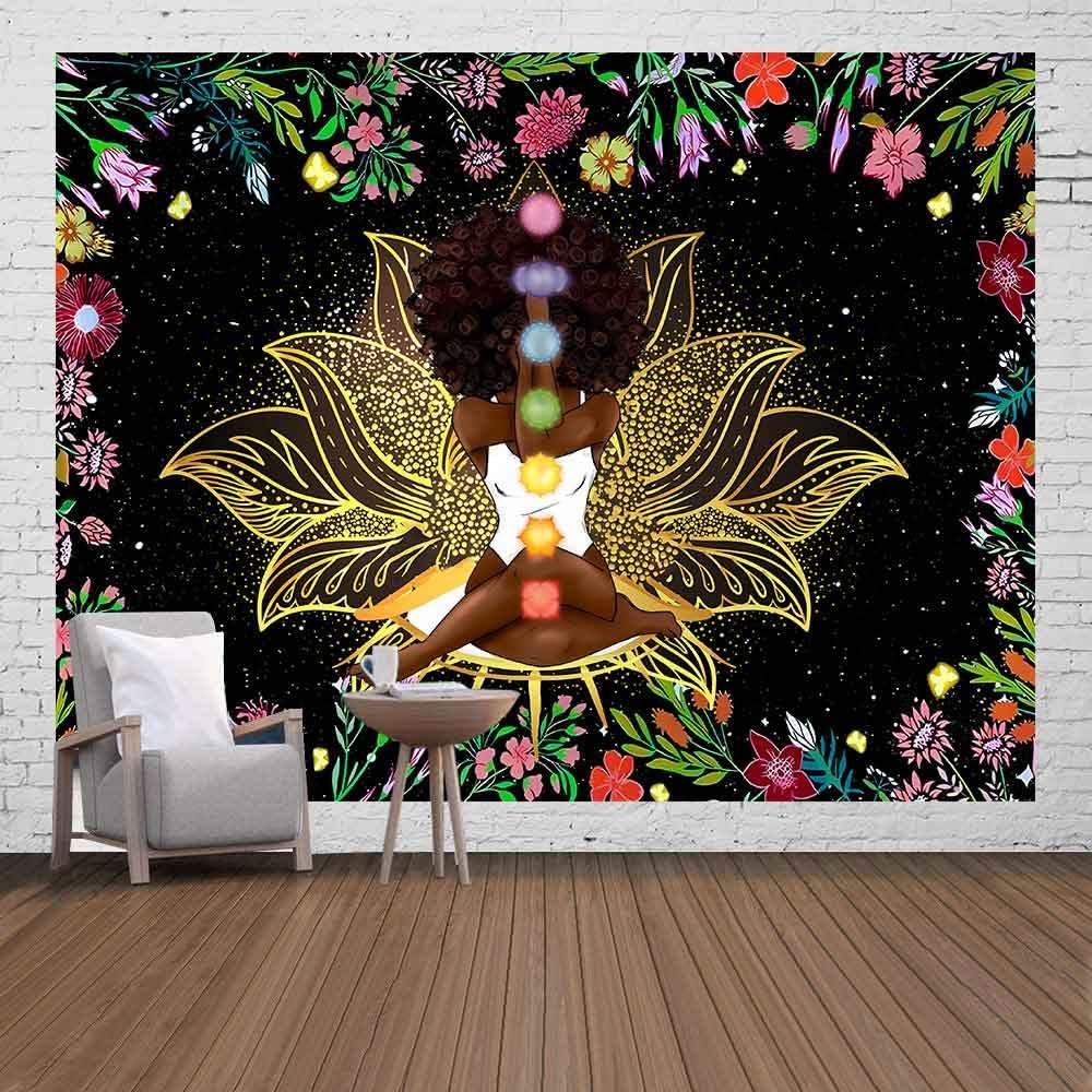 African Tapestry African American Woman Zen Meditation Tapestries Starry Sky Flower Garden Inspirational Afro Yoga Wall Poster